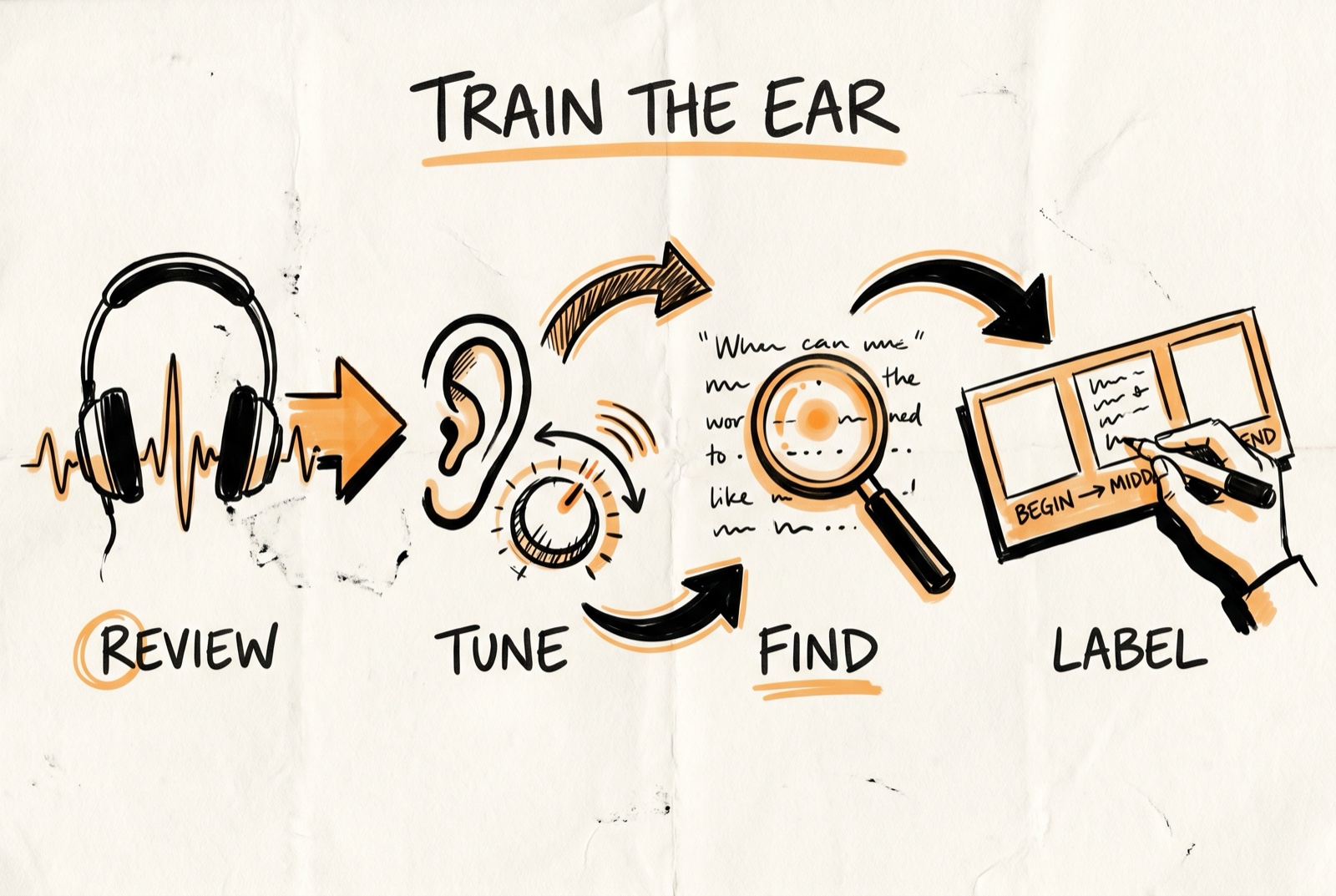 The dojo's four-step flow: Review the interview, Tune your ear, Find the force, then Label the story.