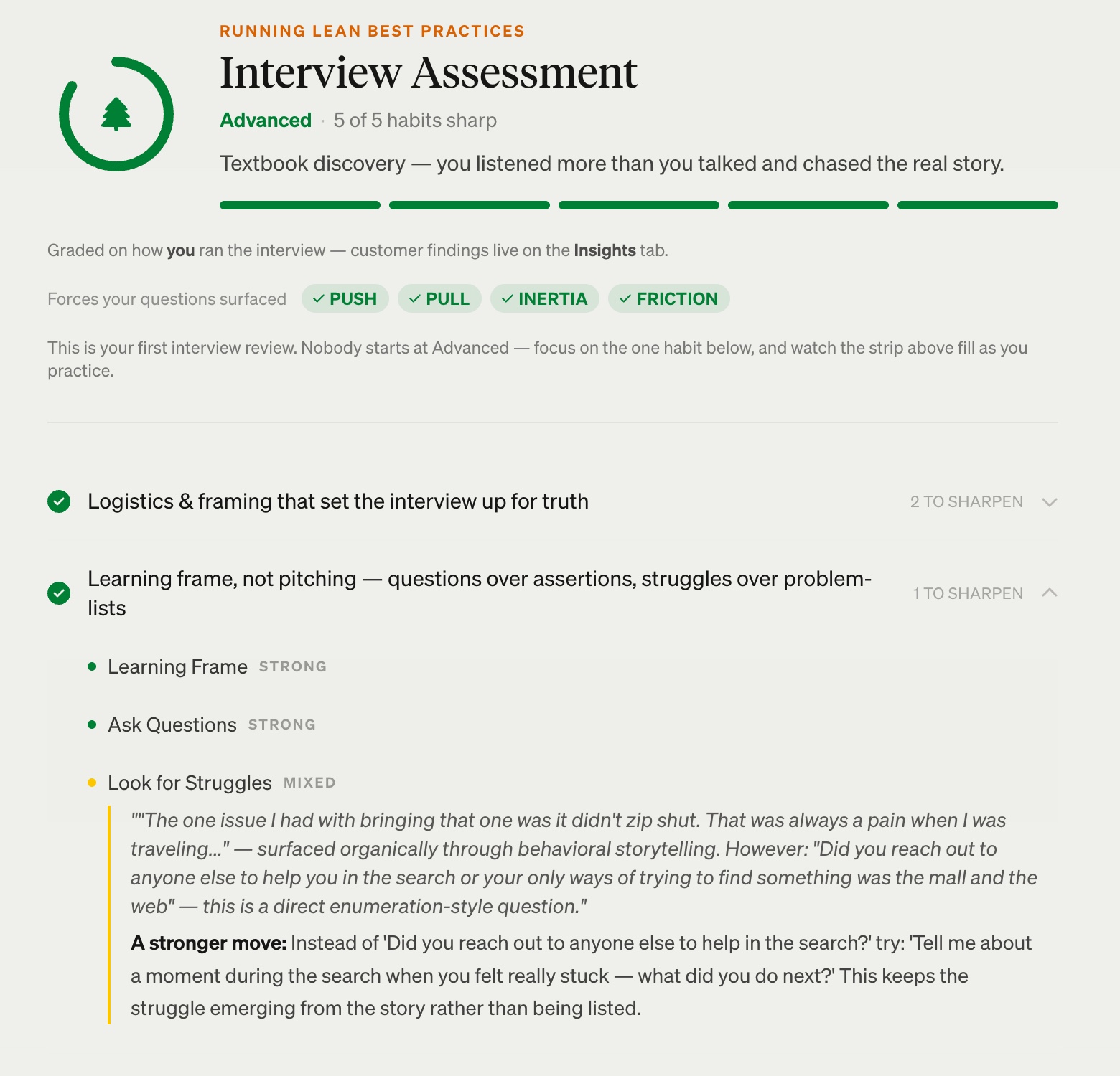 The Interview Assessment panel: a skill level (Advanced), a five-segment mastery strip, the customer forces your questions surfaced, and one focus habit expanded with a "stronger move" pulled from the real transcript.