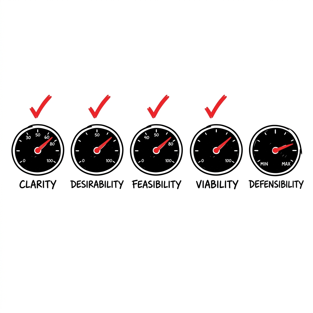 Seven BMD dimension gauges — Clarity, Desirability, Feasibility, Viability, Mission, Timing, Defensibility — with the four core ones passed