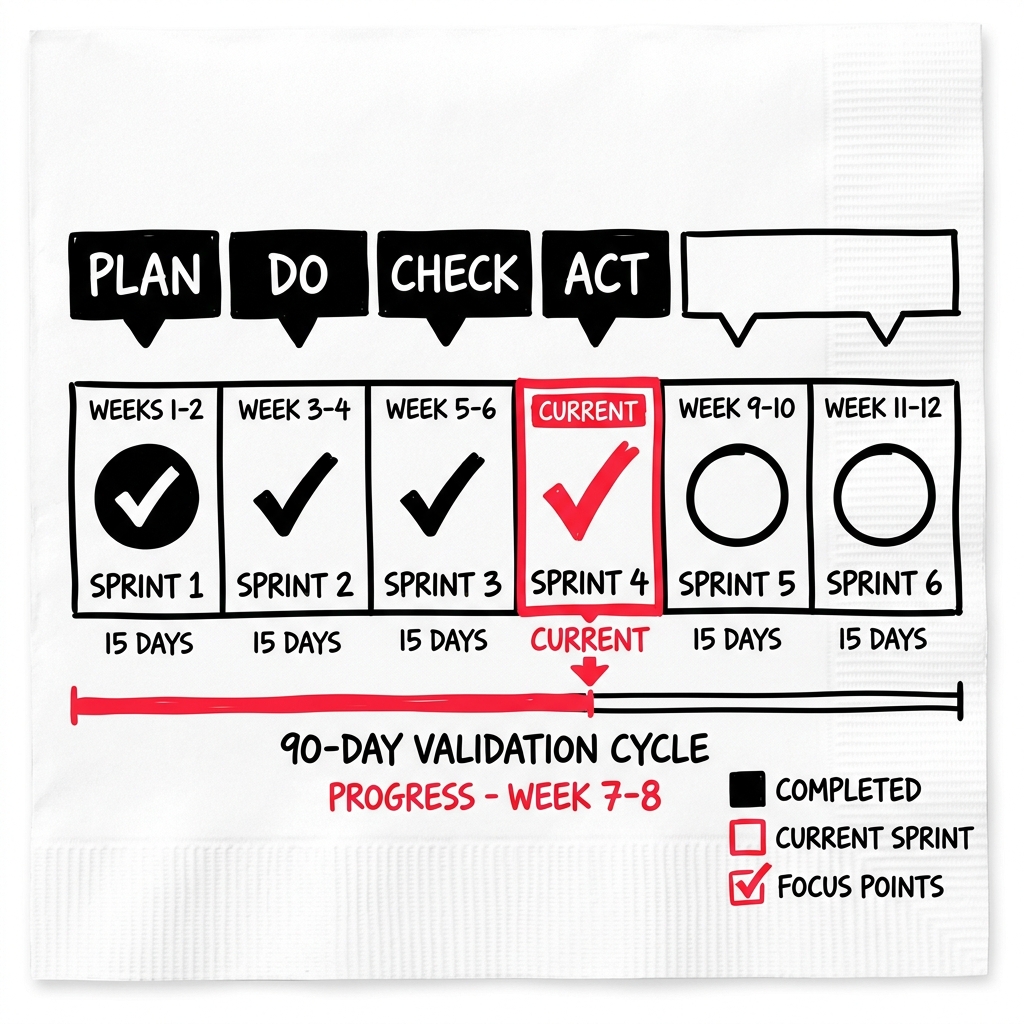 A 90-day cycle split into sprints with PDCA phase markers