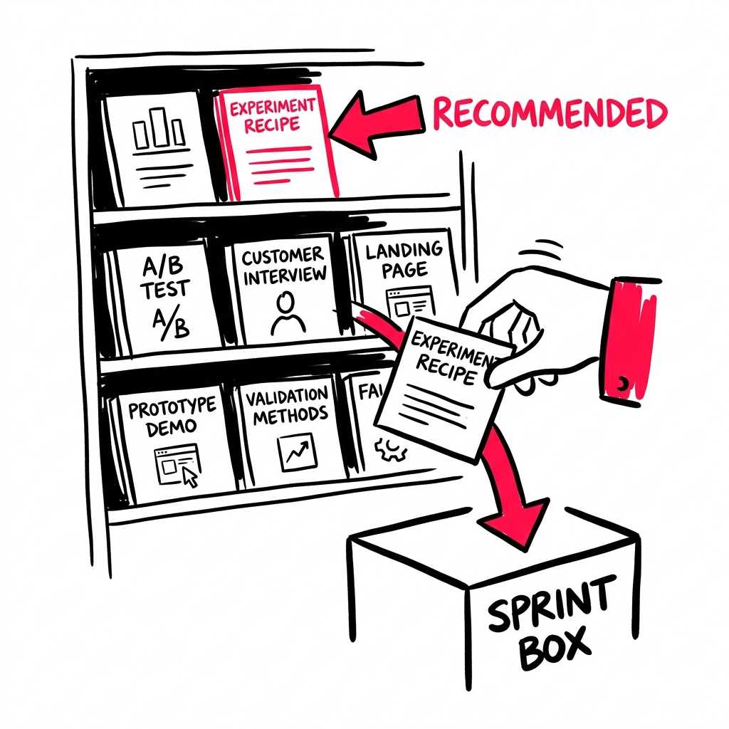 A shelf of validation experiment recipe cards with one marked recommended, and a hand pulling one into a sprint
