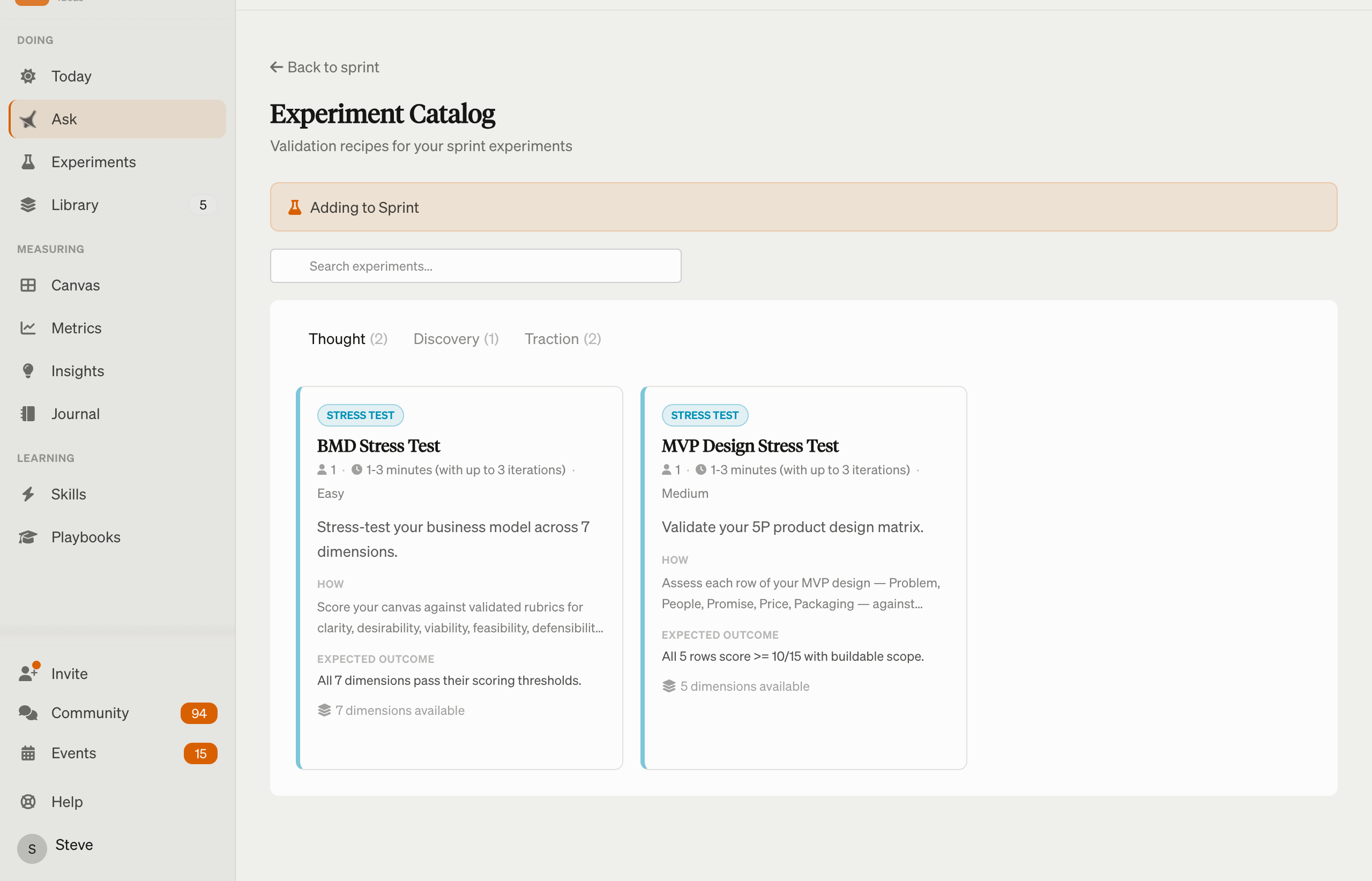 The Experiment Catalog with stress-test recipe cards and Thought, Discovery, and Traction tabs