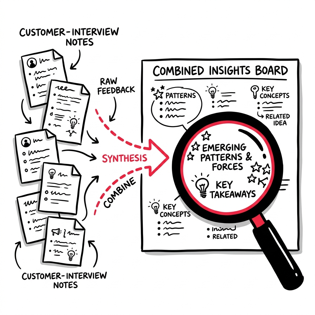 Individual customer interviews funneling into segment-level patterns on one insights board