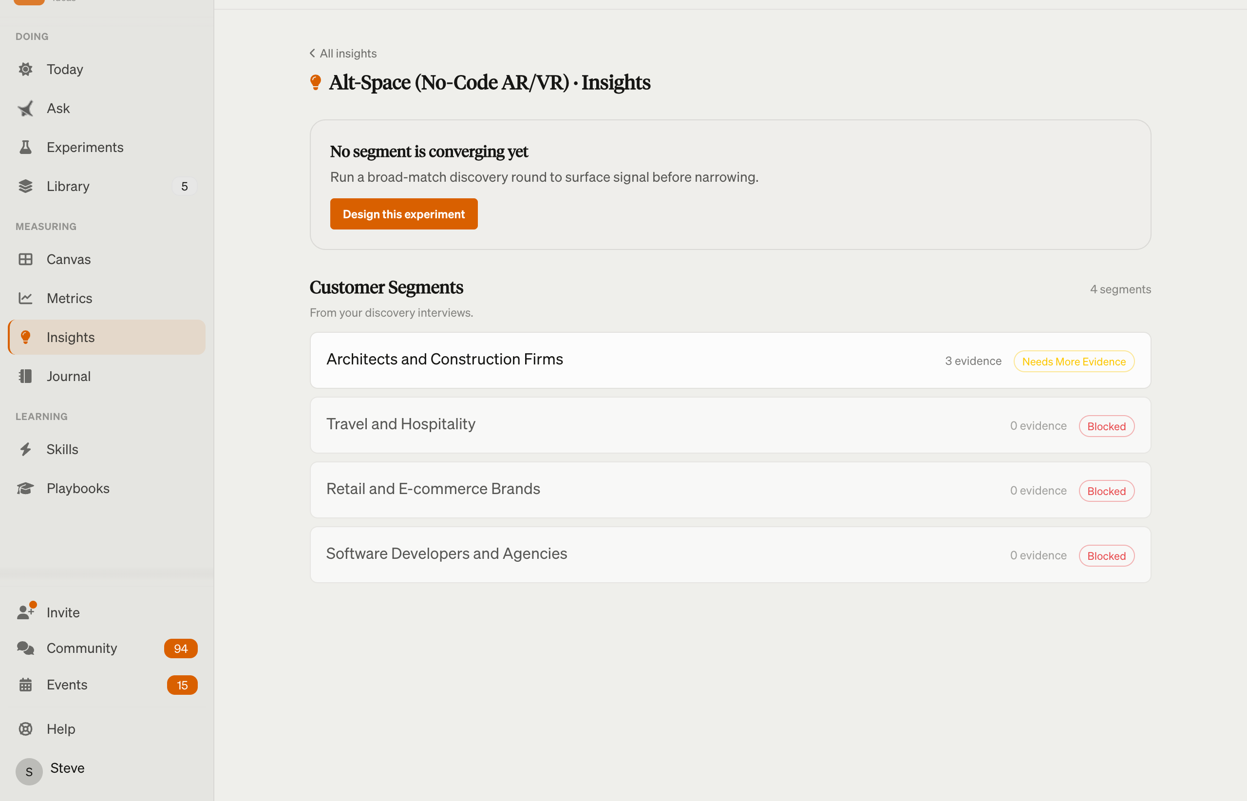 The Insights Board showing four customer segments with their evidence counts and the corpus-state narrator