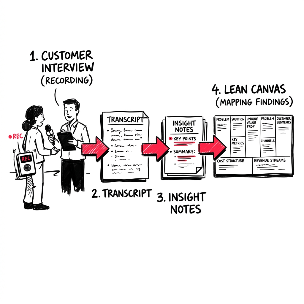 A customer interview flowing into a transcript, insights, and the canvas