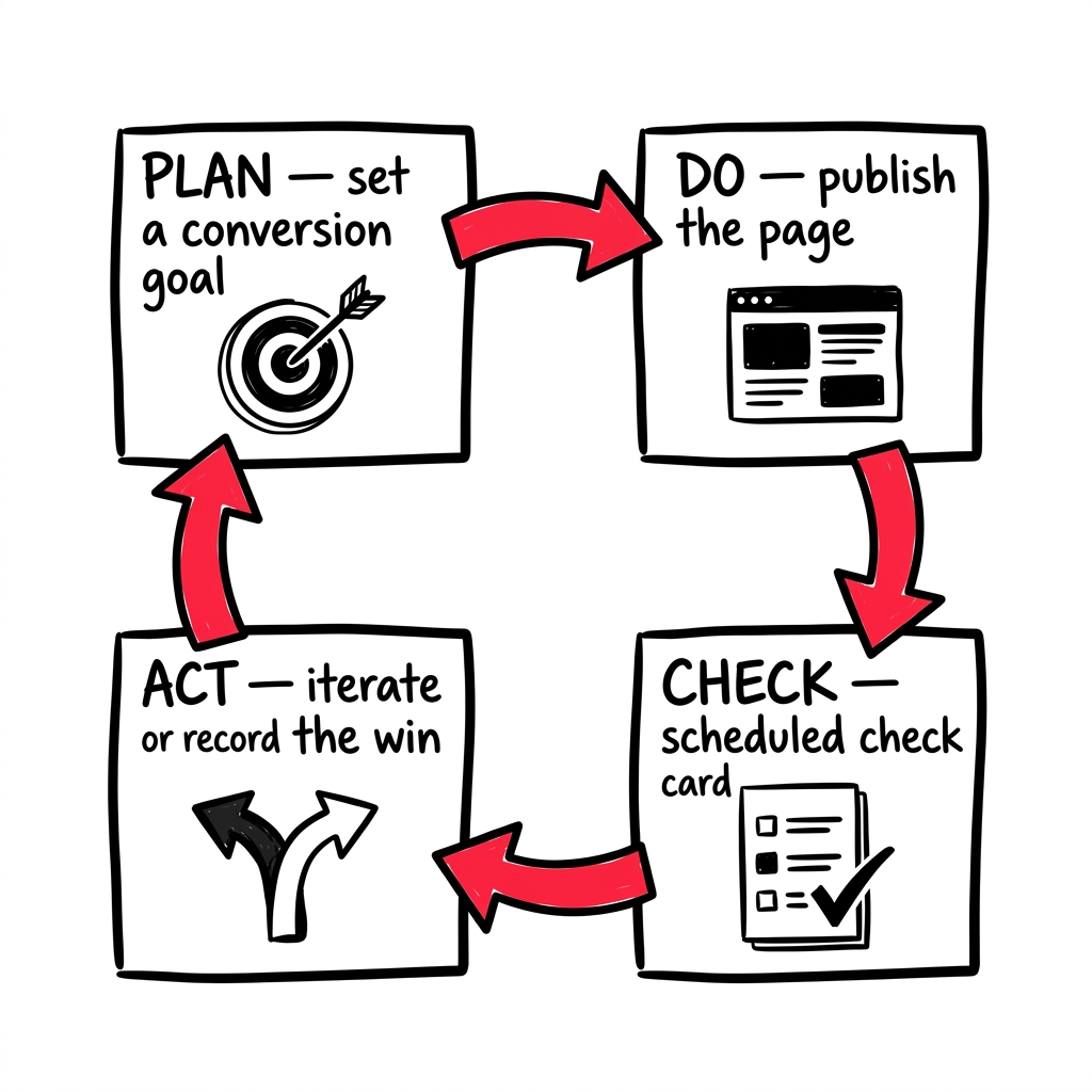 The landing-page experiment loop: Plan a conversion goal, Do — publish the page, Check — scheduled check card, Act — iterate or record the win