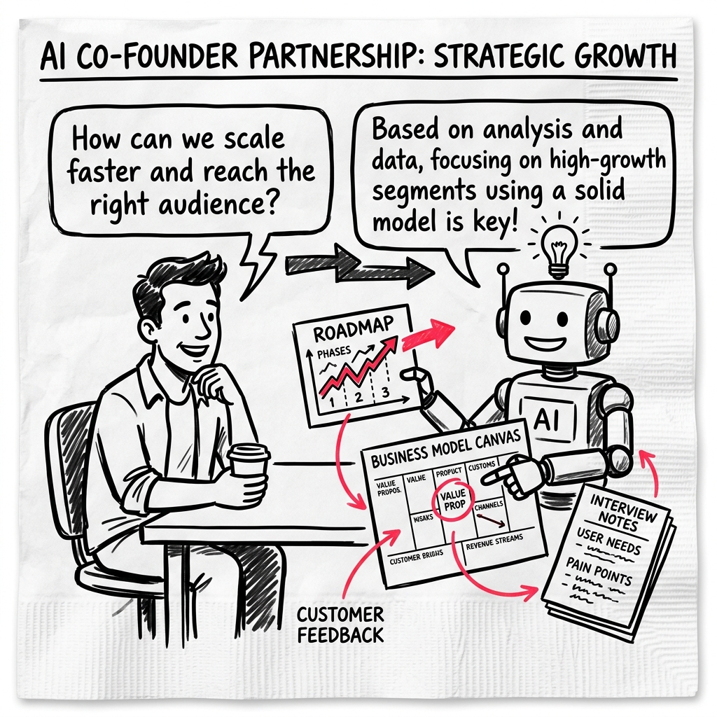 A founder and an AI co-founder reviewing the canvas, roadmap, and interview notes together