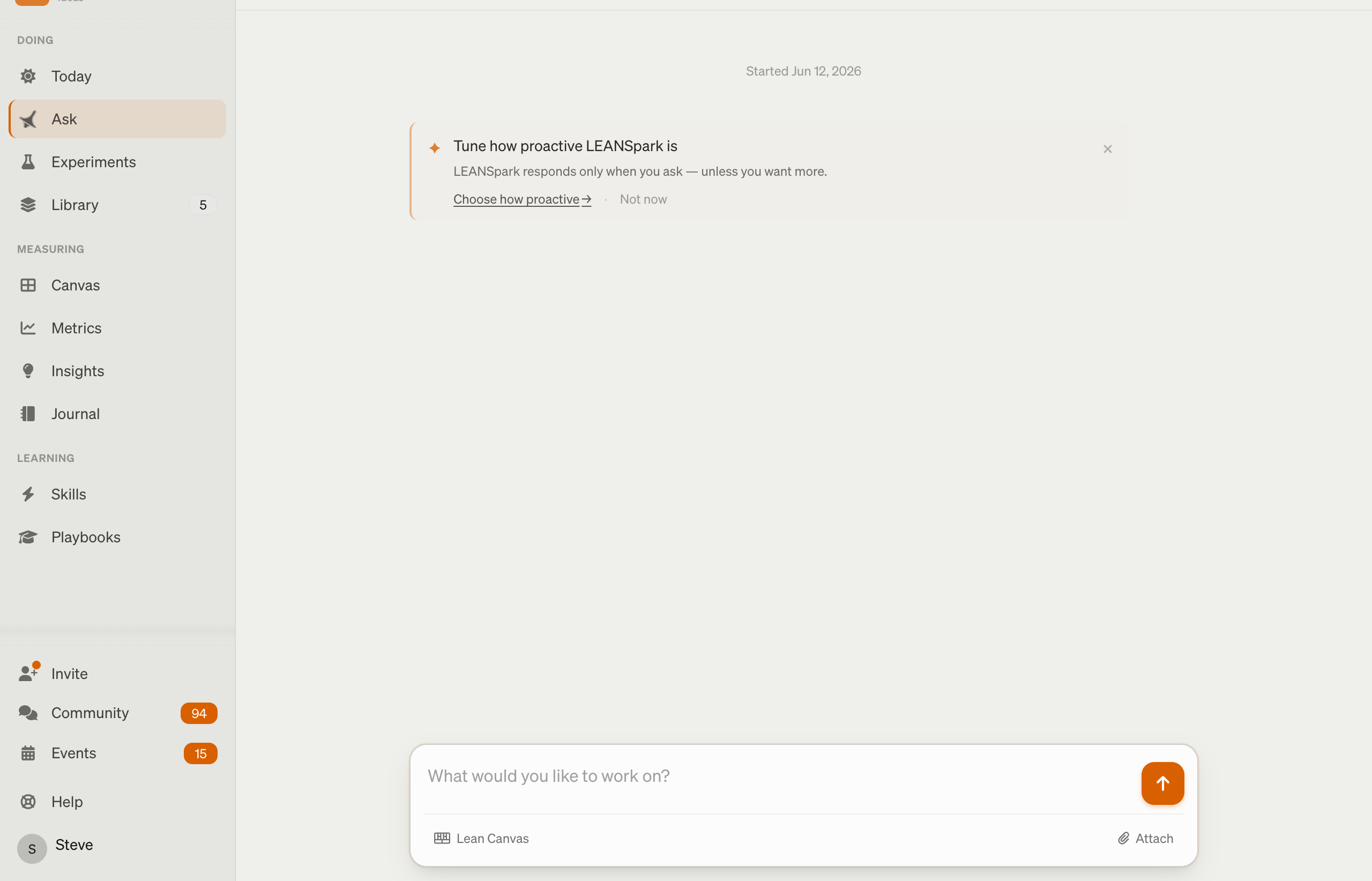 The LEANSpark chat surface — the workspace shell with the conversation input at the bottom