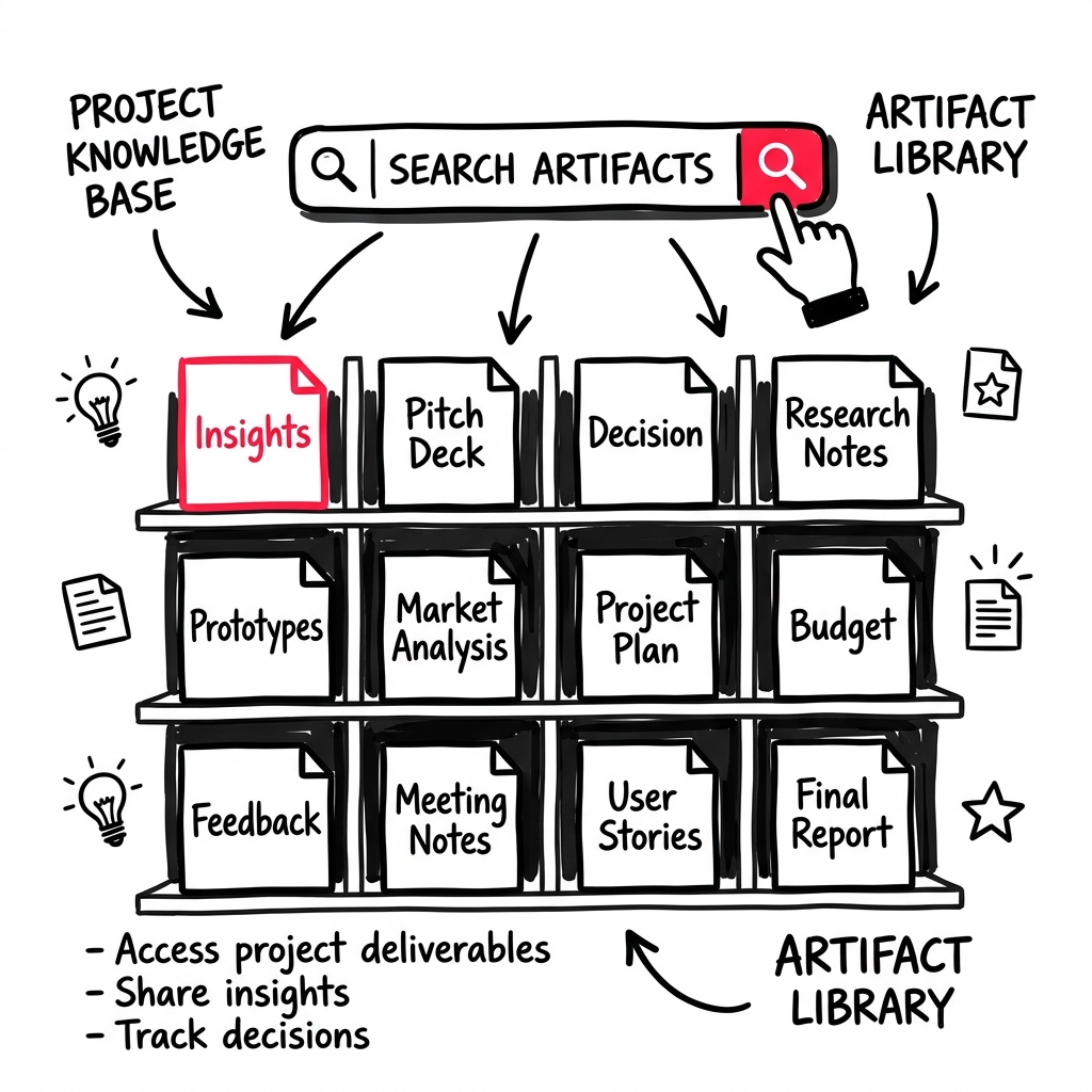 A library of artifact and deliverable cards on a shelf