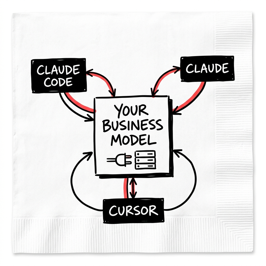 Your business model exposed as an MCP server, connecting out to Claude Code, Claude, and Cursor that read it and write back