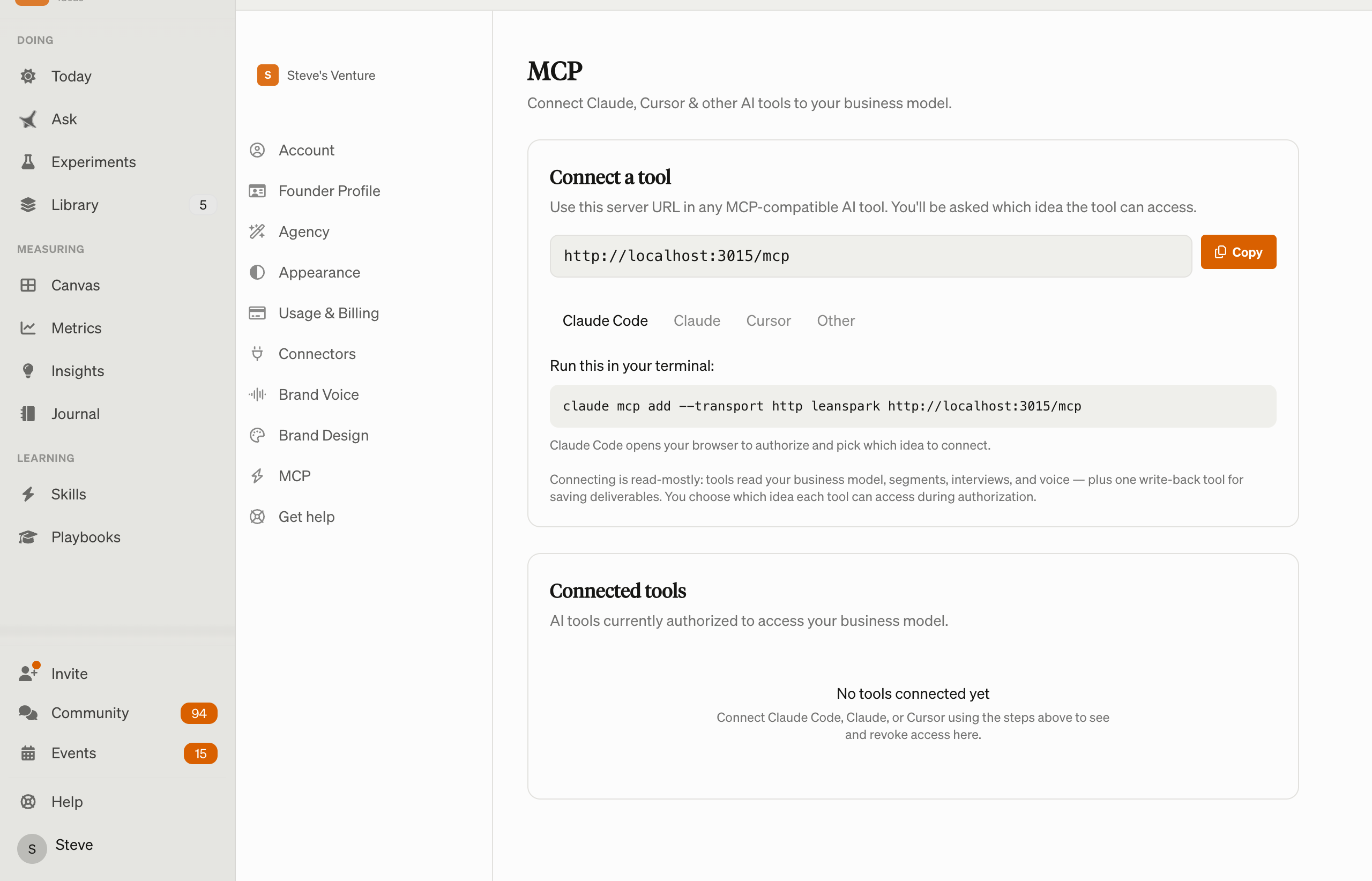 The MCP settings page with the server URL, the claude mcp add command, and the connected-tools list