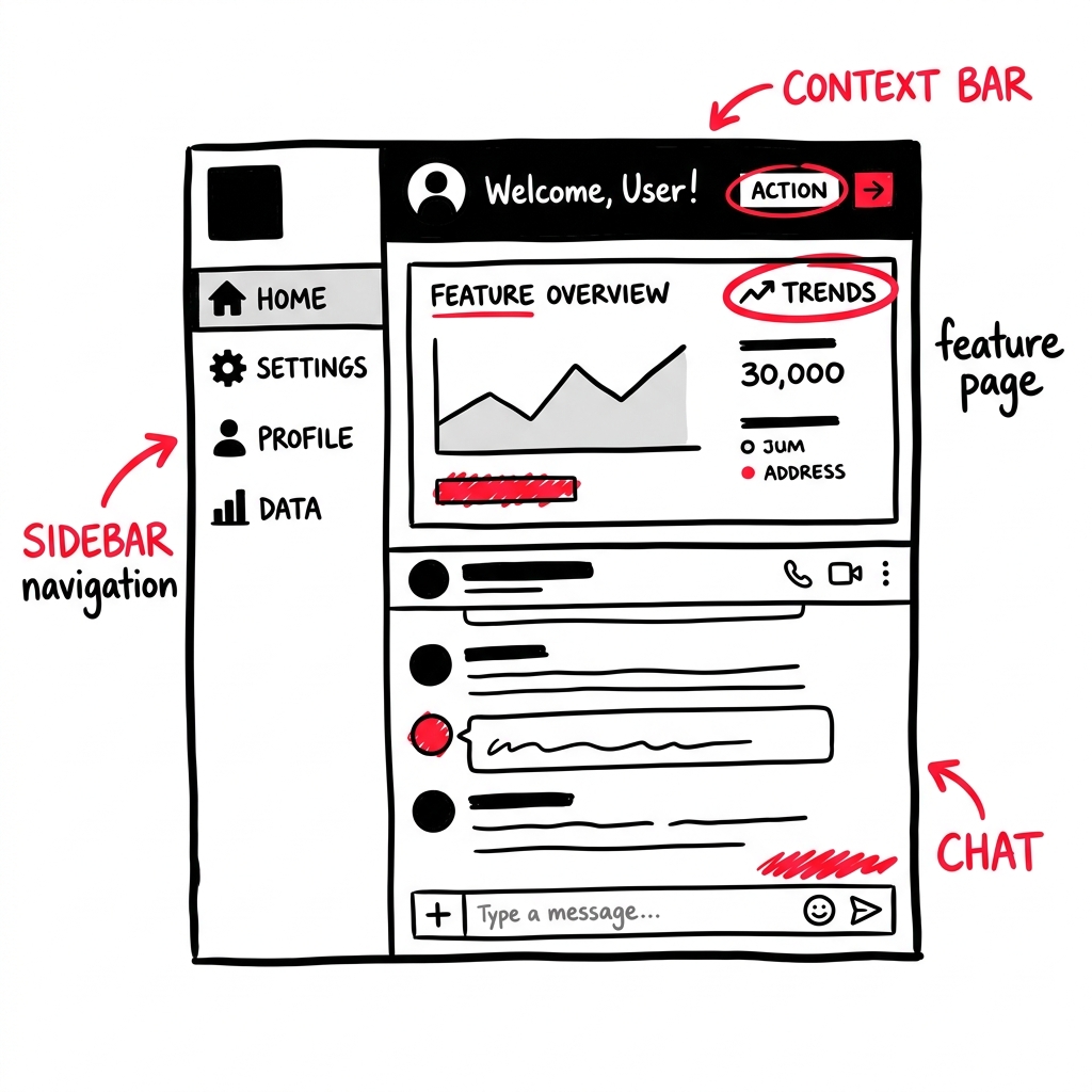 The app layout — sidebar, context bar, and the two-pane chat view