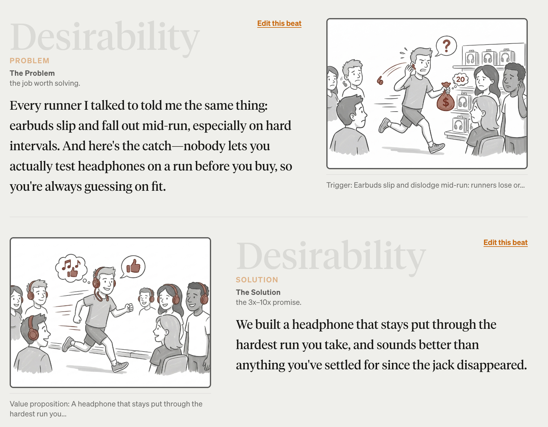 Problem and solution beats in the Desirability band, each with its own storyboard panel drawn from the pitch