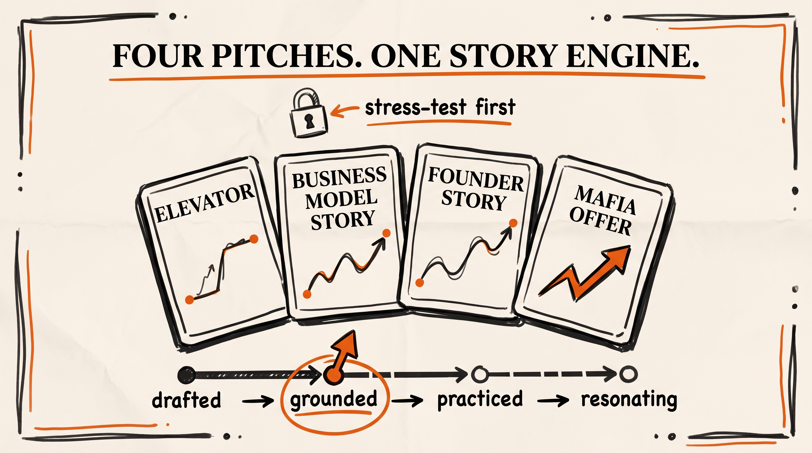 Four pitches, one story engine: elevator, business model story, founder story, mafia offer, with the drafted to resonating journey rail