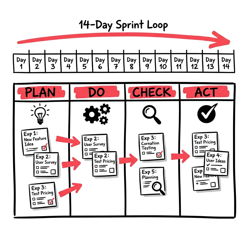 Experiment cards moving through PLAN, DO, CHECK, ACT across a 14-day sprint