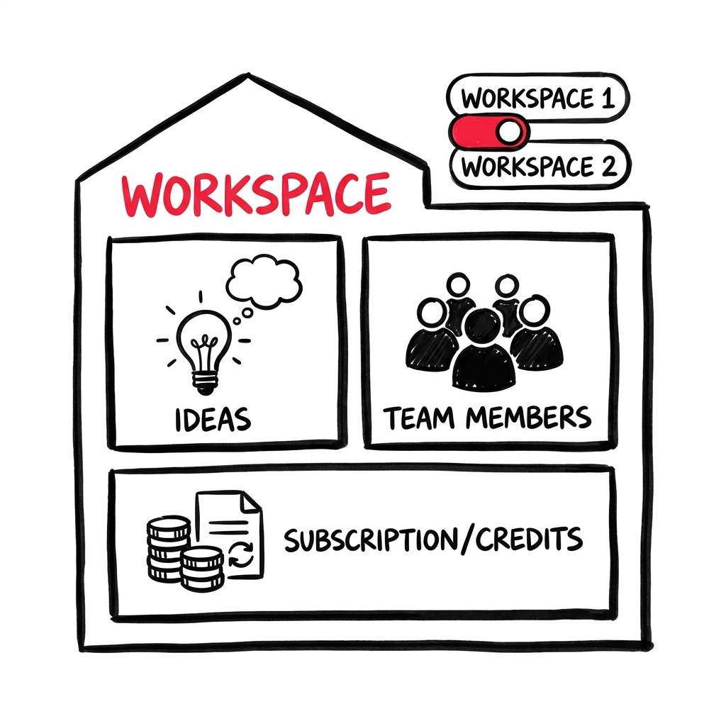 A workspace holding ideas, team members, subscription, and credits