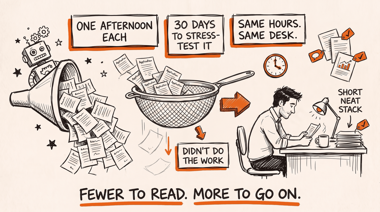 The same funnel pours the same flood, but now it passes through a sieve labelled thirty days to stress-test it. Blank pages fall away, marked did not do the work. The same man sits up at the same desk reading one page from a short neat stack, each sheet tagged with evidence. Fewer to read, more to go on.