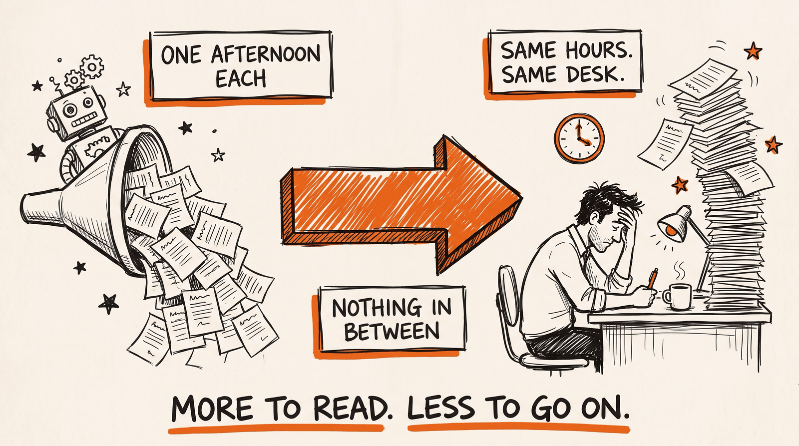 A funnel pours a flood of identical applications, one afternoon each. Nothing sits in between. At the far end a man slumps at his desk under a teetering tower of them, clock ticking, same hours and same desk. More to read, less to go on.