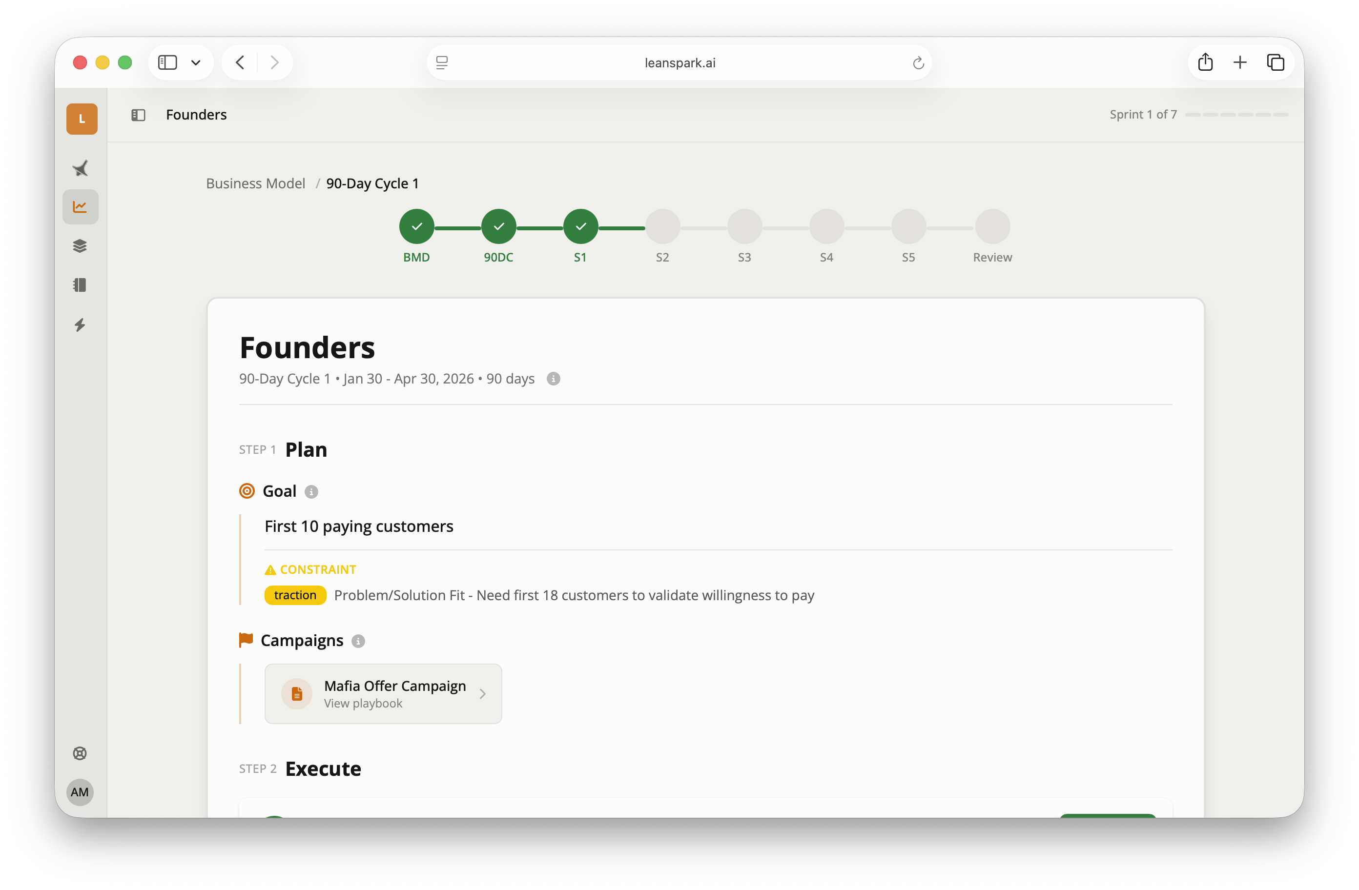 LEANSpark 90-day validation cycle showing sprint planning with goals and campaigns
